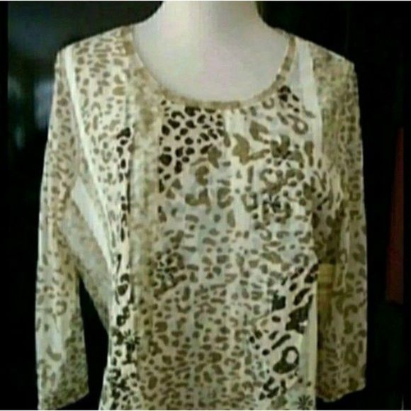 LEOPARD PRINT TOP KNIT 3/4 SLEEVE BEADED WHITE BEIGE L WOMENS LARGE NWT - Picture 2 of 7